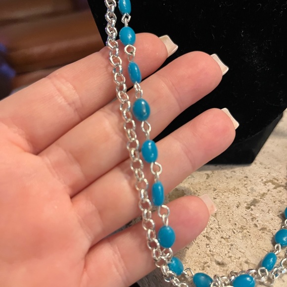 Faux turquoise and silver double strand long necklace - Picture 5 of 5